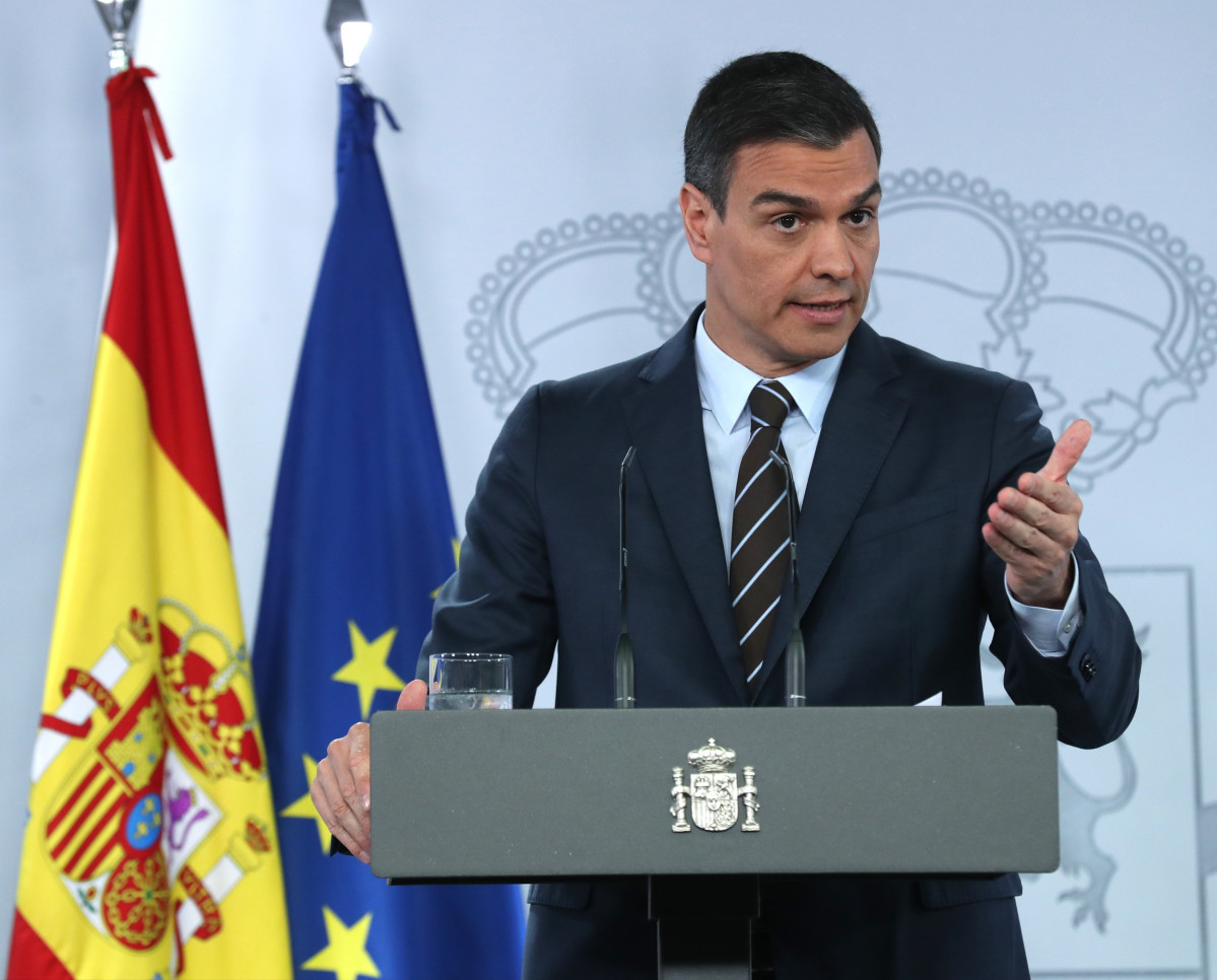 El presidente del Gobierno, Pedro Sánchez, durante una rueda de prensa tras su reunión por videoconferencia con los presidentes autonómicos, en Madrid (España) a 7 de junio de 2020.