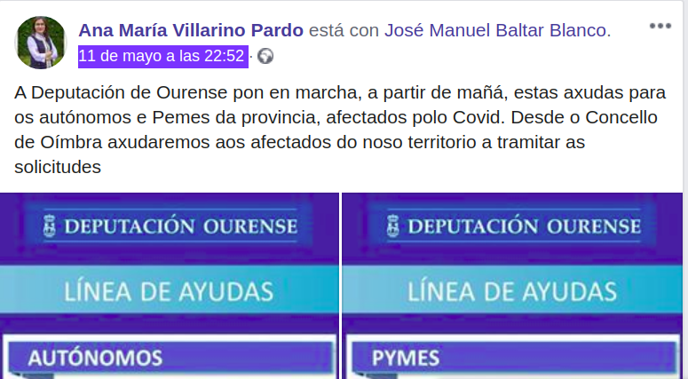 Post de Facebook de la alcaldesa de Ou00edmbra Ana Maria Villarino (PP) el du00eda 11 anunciando la convocatoria de ayudas a repartir por orden de registro a partir del du00eda 13