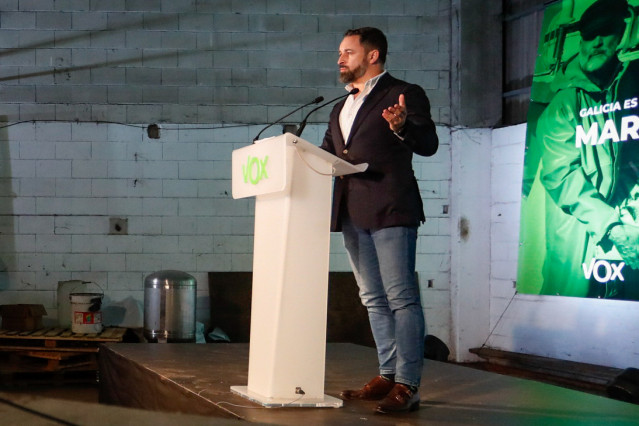El presidente de Vox, Santiago Abascal, durante su intervención en la presentación de las candidaturas de VOX para las Elecciones al Parlamento de Galicia de 2020, en Mos, Pontevedra, Galicia (España), a 11 de junio de 2020.