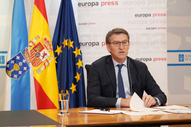 El presidente de la Xunta de Galicia, Alberto Núñez Feijóo, participa en uno de los Encuentros Digitales de Europa Press  en Santiago de Compostela, A Coruña, Galicia (España), a 15 de junio de 2020.