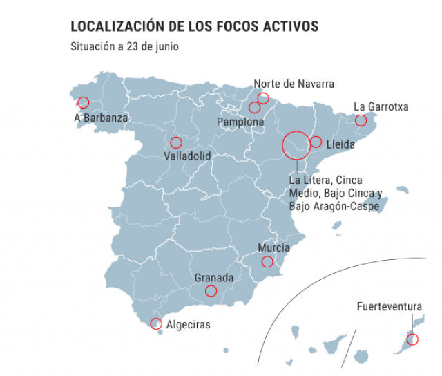 Estos son los 19 focos activos de coronavirus en 9 comunidades