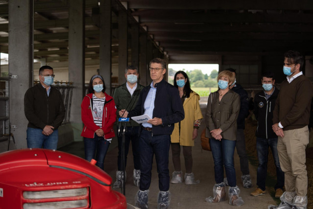 El candidato del PPdeG a la reelección como presidente de la Xunta, Alberto Núñez Feijóo, junto a otros candidatos por A Coruña al Parlamento de Galicia visitan una explotación ganadera en Trazo.