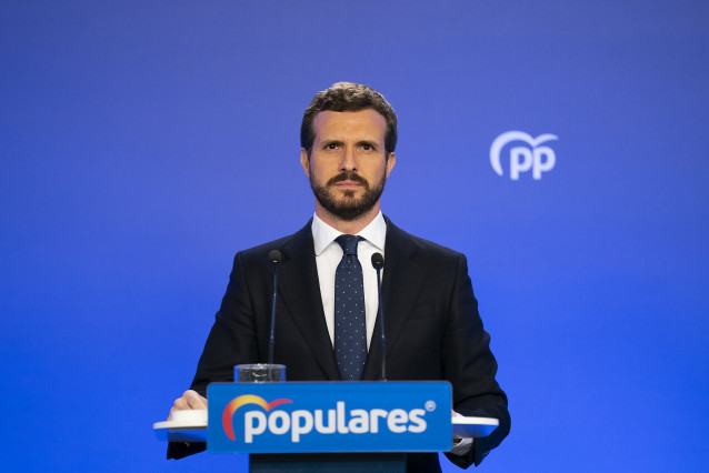 El presidente del PP, Pablo Casado, en una rueda de prensa en Génova.