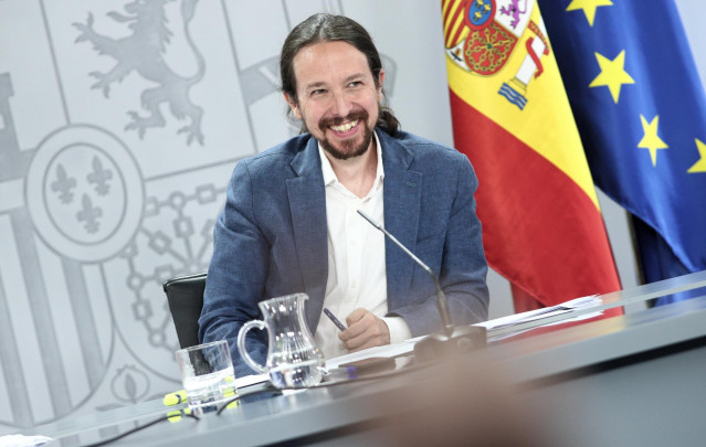 El vicepresidente y ministro de Derechos Sociales y Agenda 2030, Pablo Iglesias, durante la rueda de prensa posterior al Consejo de Ministros en Moncloa, en Madrid (España), a 7 de julio de 2020.