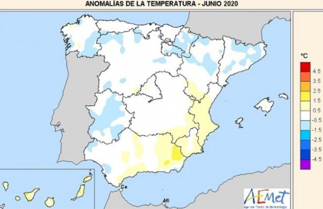 Mapa de anomalías de temperatura en el mes de junio.