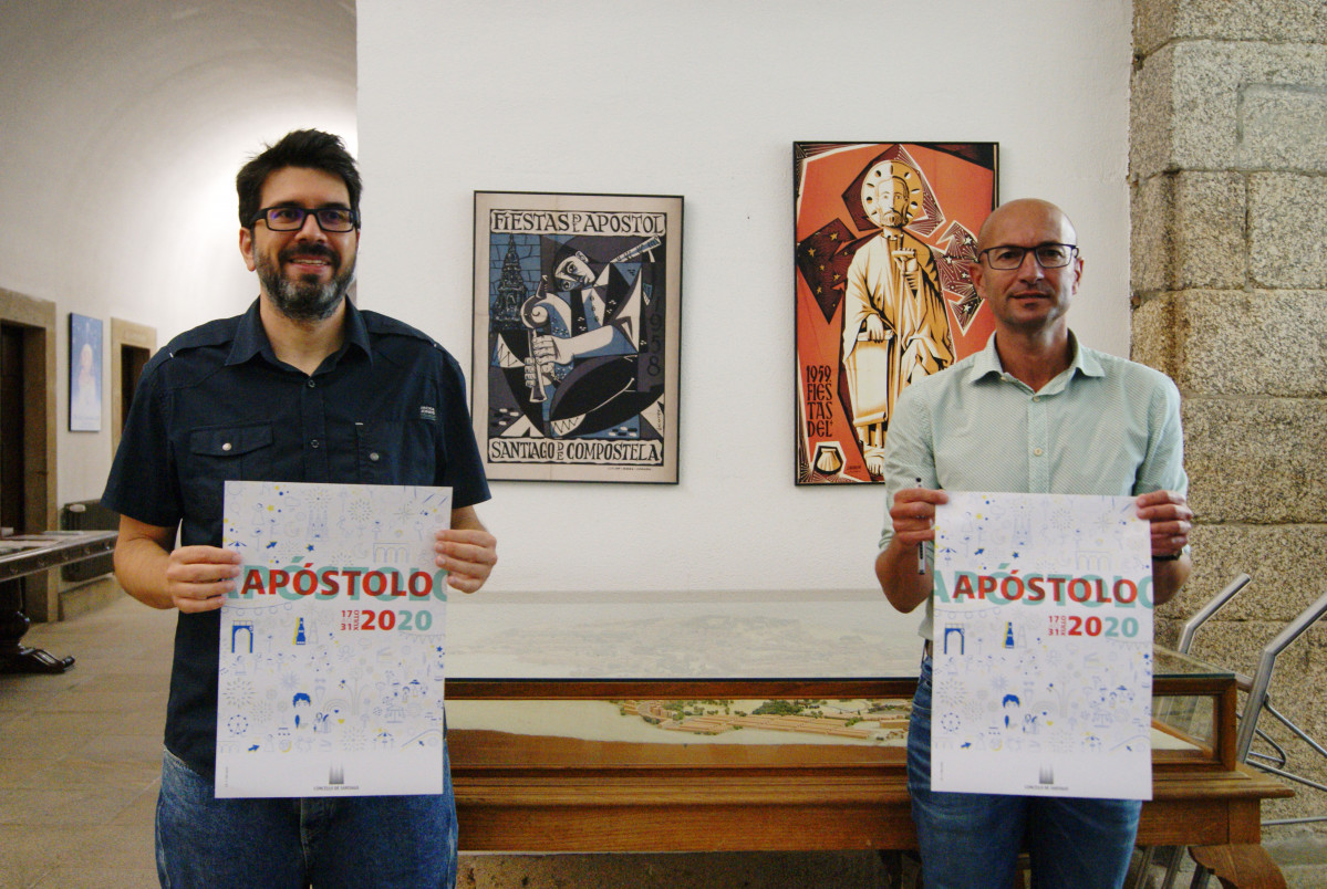 Luis Pardo y el concejal Gonzalo Muiu00f1os presentado las fiestas del apostol en Santiago de Compostela 2020