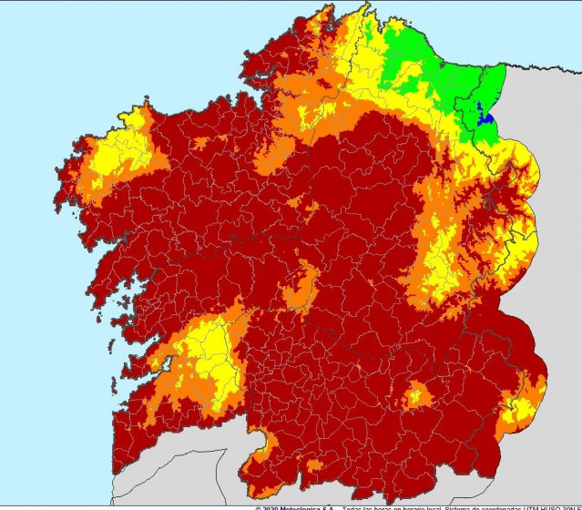 Mapa del índice de riesgo diario de incendio (IRDI) de Galicia del lunes 20 de julio de 2020.