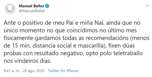 Imagen del mensaje publicado por el presidente de la Diputación de Ourense, Manuel Baltar, en su perfil de Twitter