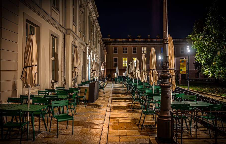 Night evening building light illuminated chairs