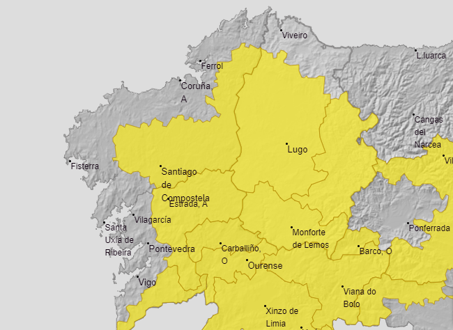 Alerta amarilla en casi toda Galicia por lluvias fuertes a partir del mediodía del domingo y hasta la noche