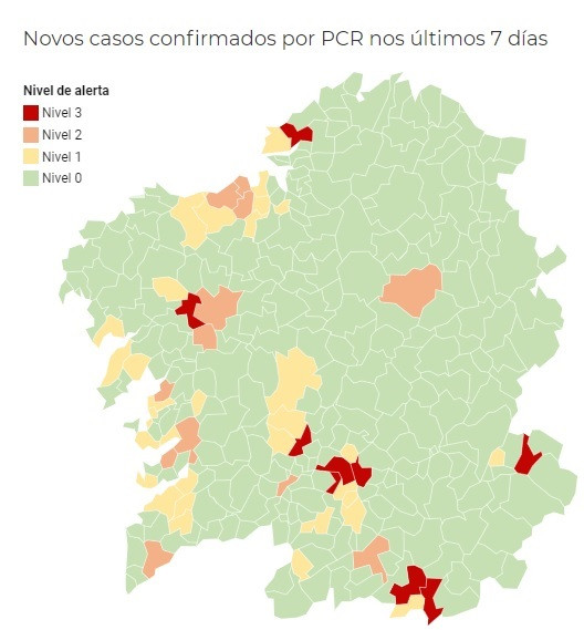 Mapa publicado por la Consellería de Sanidade con la incidencia de la pandemia del coronavirus en cada ayuntamiento.