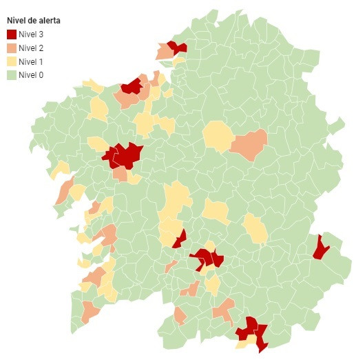 Mapa de ayuntamientos por nivel de alerta con fecha 14 de octubre.