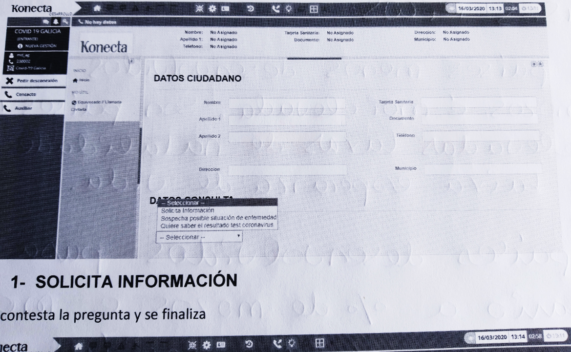 Captura de pantalla del sistema de Konecta para tratar las llamadas al telefono de koronavirus publicada en su du00eda por A Mesa