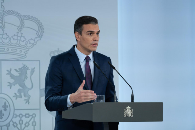 El presidente del Gobierno, Pedro Sánchez, durante una declaración institucional para valorar los acuerdos alcanzados ayer en el seno del Consejo Interterritorial de Salud y la evolución de la pandemia en España, en Madrid (España).