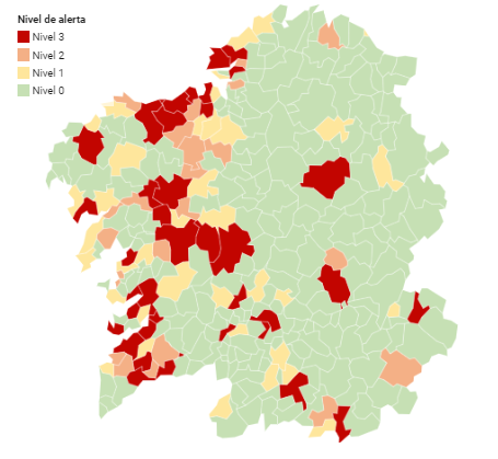 Solo Boiro registra cambios esta jornada en el mapa del coronavirus, que mantiene 37 municipios en alerta roja