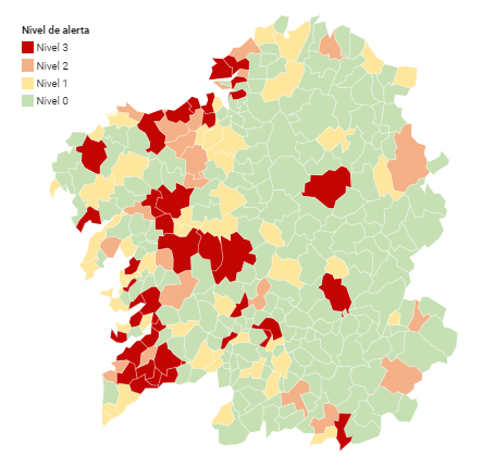 Pontedeume, Ribadumia, Gondomar, Salceda de Caselas y Ponteareas en nivel de alerta rojo, que cuenta con casi 40 municipios