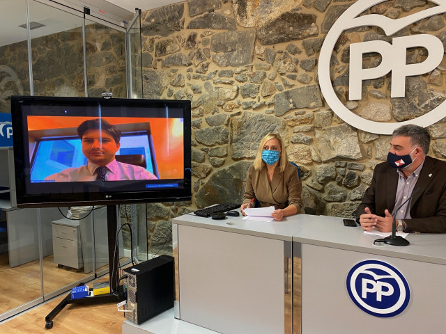 La senadora del PP, Elena Muñoz, y el portavoz municipal de los 'populares' en Vigo, Alfonso Marnotes, en una rueda de prensa en la que participó telemáticamente el diputado del PP Diego Gago.