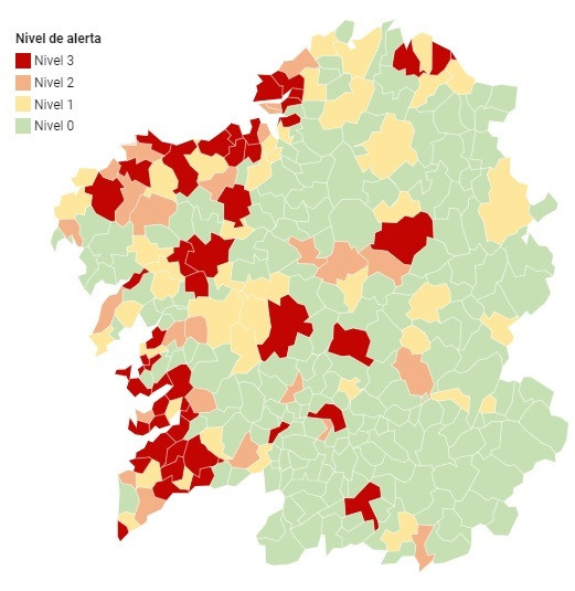 48 municipios en rojo en el mapa del COVID en Galicia con la entrada de Chantada, Noia y Soutomaior