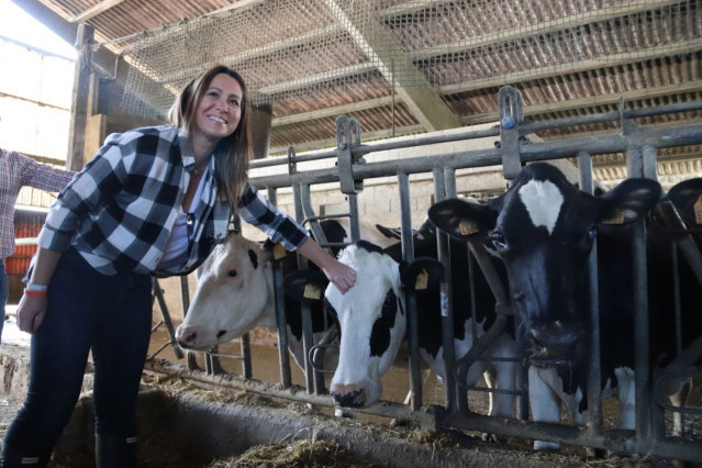 La coordinadora de Ciudadanos en Galicia, Beatriz Pino, junto a unas vacas.