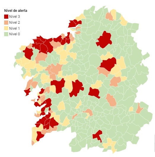 Teo, Ribadavia, Tui, A Guarda y Ribadumia abandonan el nivel rojo de alerta; entran Tomiño y Moaña