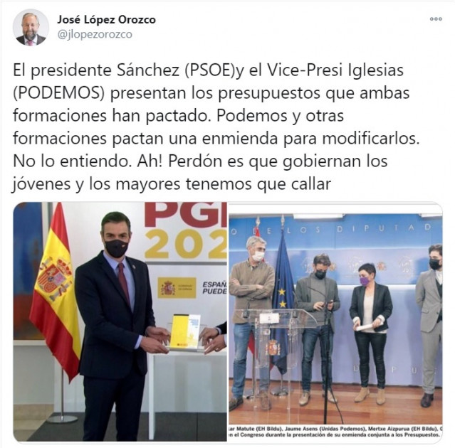 Imagen del mensaje publicado por el socialista José López Orozco en su perfil de la red social Twitter