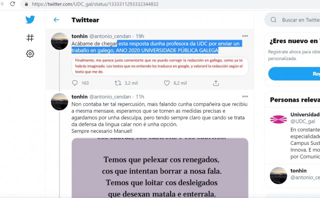 Captura de pantalla de la denuncia de un estudiante de la UDC