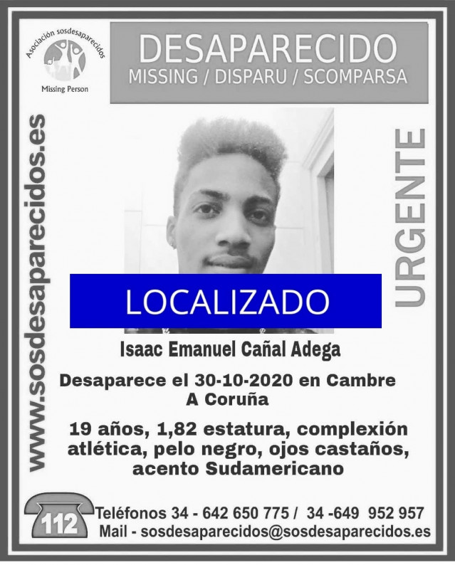 Localizado el joven de 19 años Isaac Emanuel Cañal Adega, desaparecido en Cambre (A Coruña) el pasado 30 de octubre.