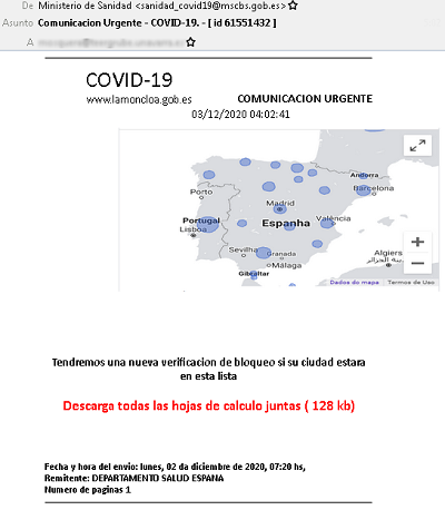 Alerta  por un correo sobre el coronavirus  que finge ser del Ministerio de Sanidad