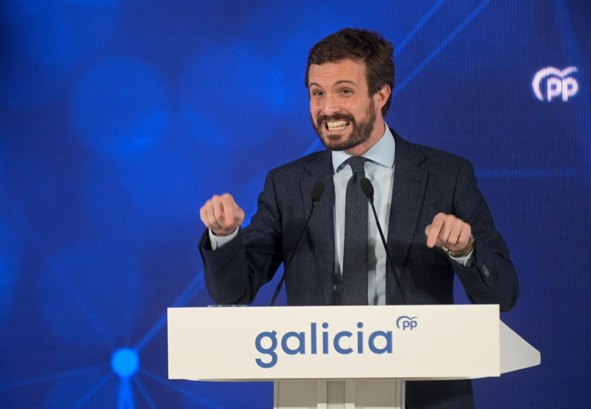 El presidente del Partido Popular, Pablo Casado interviene durante un acto sobre economía y fondos europeos en A Coruña el pasado 18 de diciembre