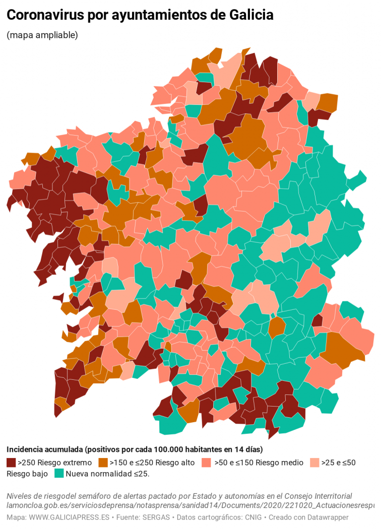 Covid por municipios: donde más sube (A Coruña, Santiago y A Mariña) es donde hay confirmados o sospechosos de la nueva cepa