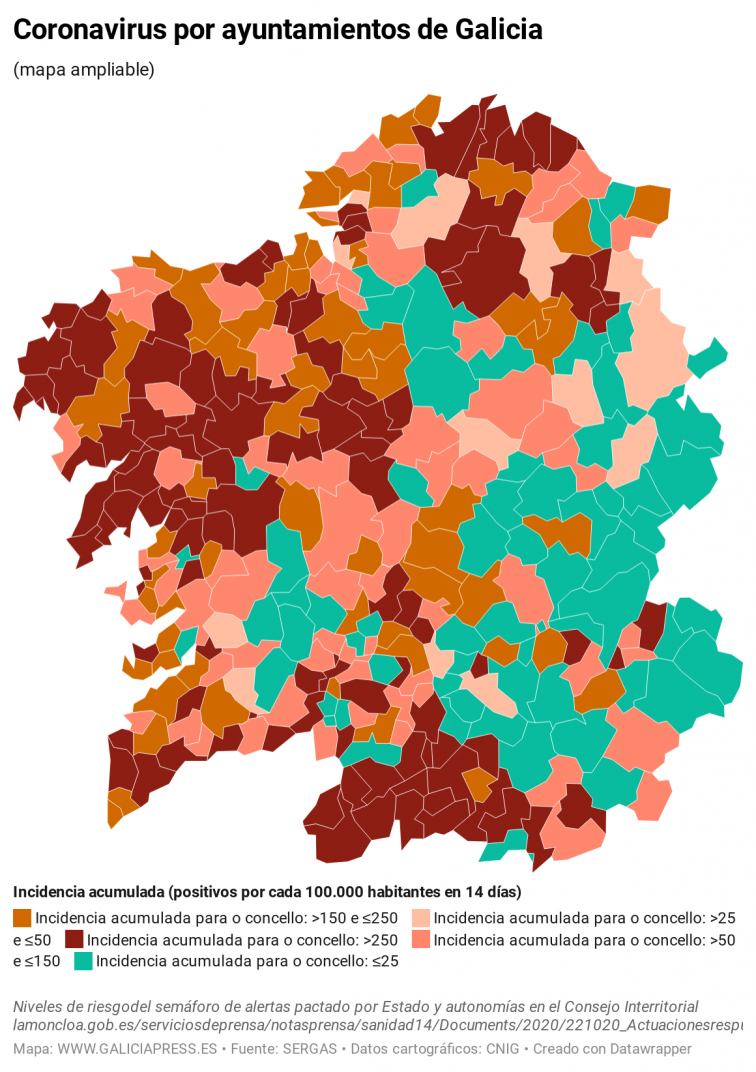 Covid por concellos: estallido de casos en Vigo (+54), A Coruña (+43), Santiago (+34) y sus localidades vecinas