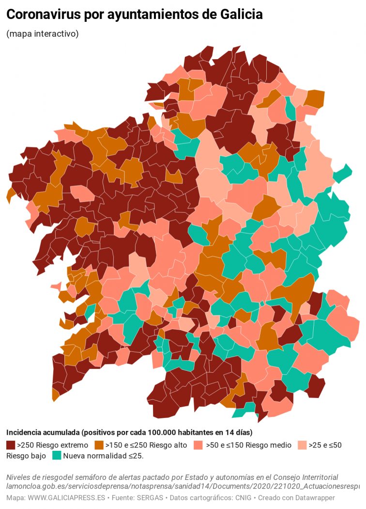 Covid por municipios: Desbocado en A Coruña, Ribeira, Ourense, Vigo, Santiago, Viveiro y varios más