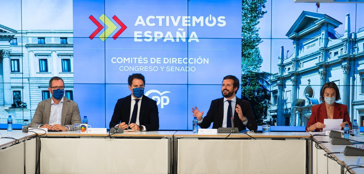 El presidente del PP, Pablo Casado, preside la reunión con los comités de dirección del Grupo Popular. Asisten también Teodoro García Egea, Cuca Gamarra y Javier Maroto. En Madrid, a 14 de septie