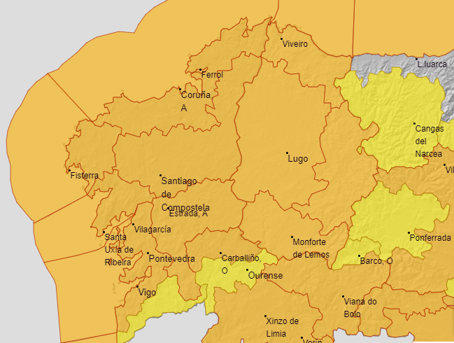 Alerta naranja en casi toda Galicia este viernes por vientos de más de 100 kilómetros/hora y lluvia