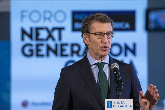 El presidente de la Xunta, Alberto Núñez Feijóo, en una intervención antes del foro 'Next Generation'.