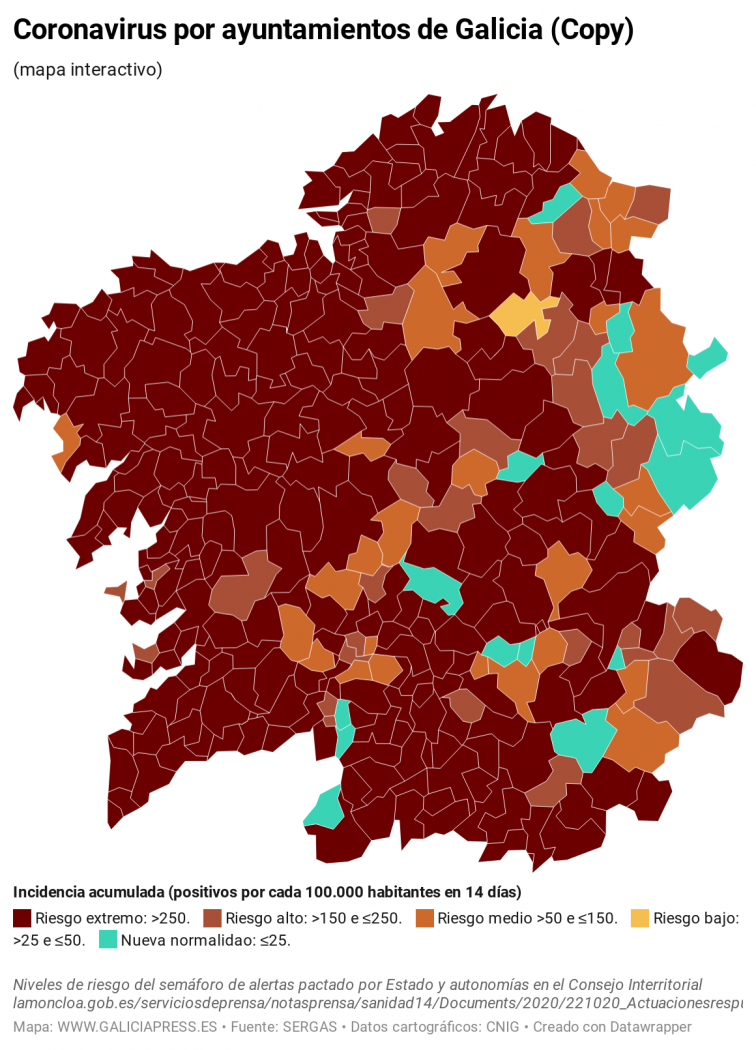 Coronavirus municipios: A Coruña, Ourense y varios de la comarca de Pontevedra los que más empeoran hoy
