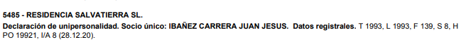 Captura del BORME en el que figura el cambio de accionariado de Residencia Salvatierra