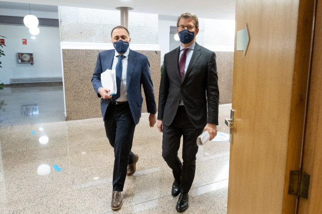 O titular do Goberno galego, Alberto Núñez Feijóo, na rolda de prensa posterior á reunión do comité clínico de expertos sanitarios. Edificio Administrativo de San Caetano, Santiago de Compostela, 22/02/21.