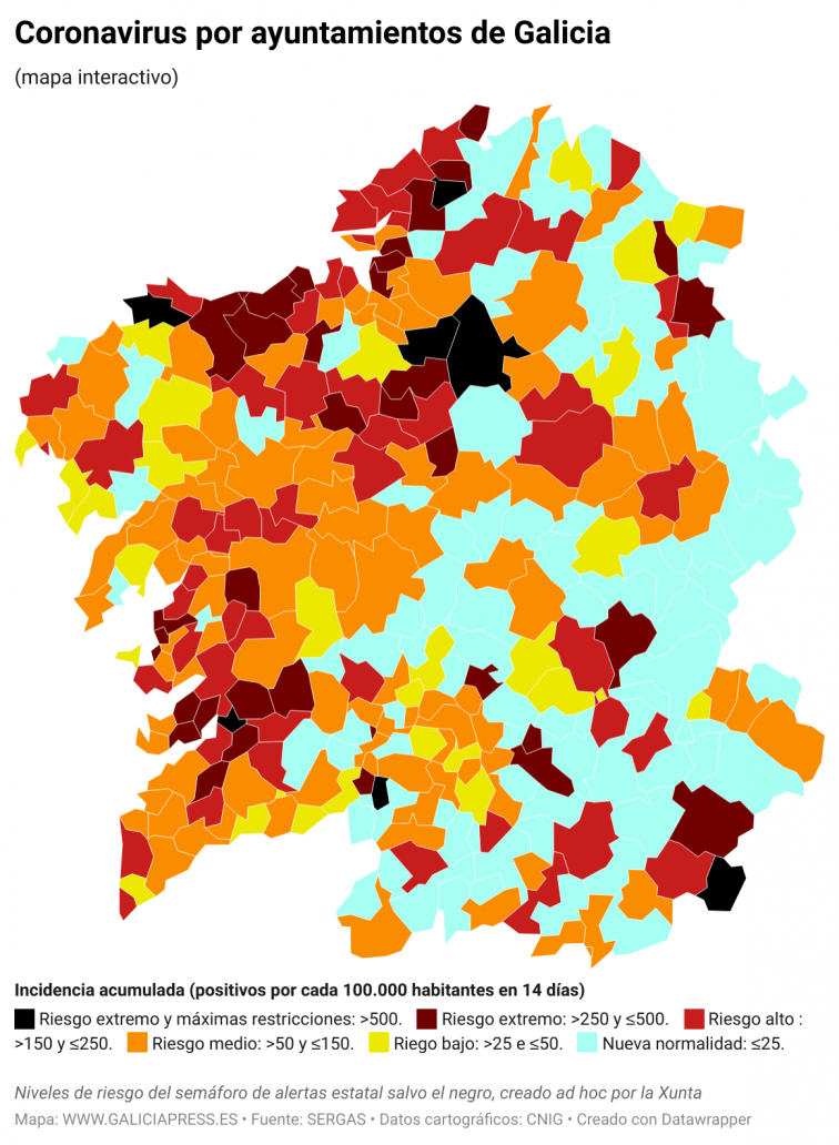 Covid municipios: A Coruña rebota estando aún en riesgo extremo y mucho del rural cae a nueva normalidad