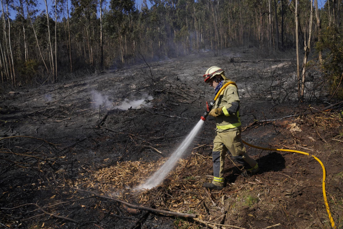 Un bombero apaga el incendio forestal en la parroquia de Figueiras en Santiago de Compostela, A Coruña, Galicia (España), a 20 de marzo de 2021.