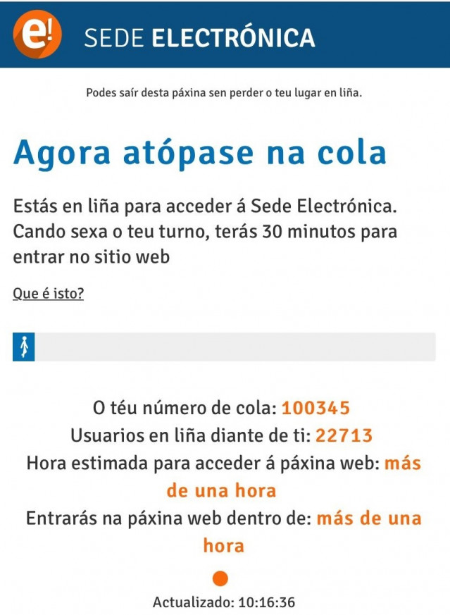 Sede electrónica de la Xunta colapsada tras la apertura del plazo de solicitud del bono turístico.