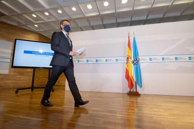 O titular do Goberno galego, Alberto Núñez Feijóo, na rolda de prensa posterior á reunión do comité clínico de expertos sanitarios. Edificio Administrativo de San Caetano, Santiago de Compostela, 14/04/21.