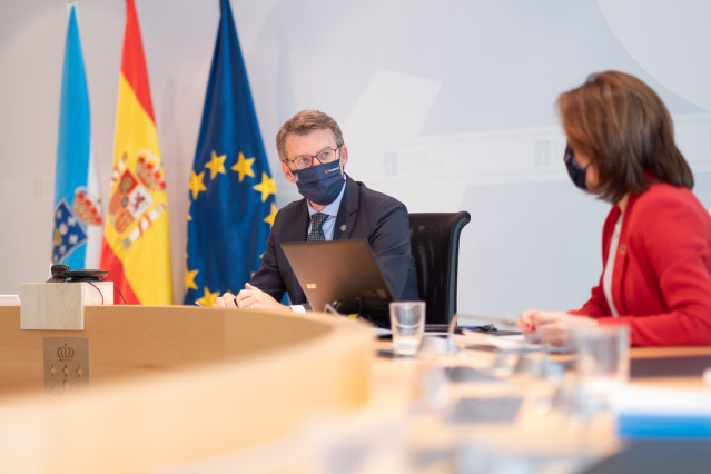 O titular do Goberno galego, Alberto Núñez Feijóo, preside a reunión do Consello da Xunta. Edificio Administrativo de San Caetano, Santiago de Compostela, 22/04/21.