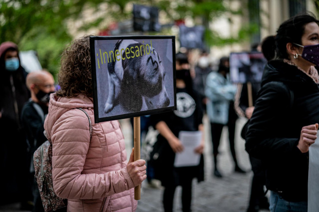Varias personas sujetan carteles donde se muestran animales en laboratorios, en una manifestación por la liberación de los animales de Laboratorios Vivotecnia, a 23 de abril de 2021, en Vitoria-Gasteiz, Euskadi (España). Esta movilización forma parte de l