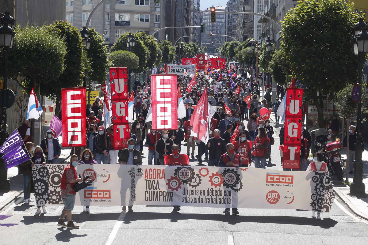 Marcha de UGT y CC.OO. En Vigo durante el 1 de Mayo de 2021