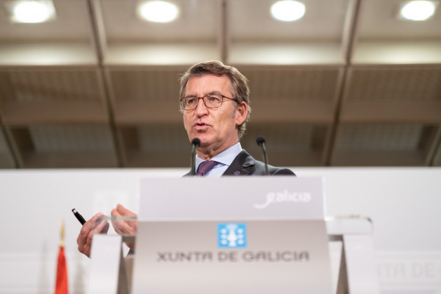 O titular do Goberno galego, Alberto Núñez Feijóo, na rolda de prensa posterior á reunión do comité clínico de expertos sanitarios. Edificio Administrativo de San Caetano, Santiago de Compostela, 06/05/21.