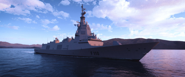 Recreación virtual de la futura fragata F-110 para la Armada española que hará Navantia.
