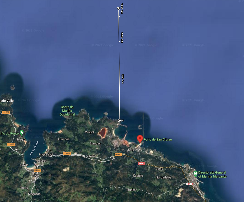Ubicaciu00f3n aproximada del Parque Eu00f3lico de San Cibrao sobre un mapa de Google Maps
