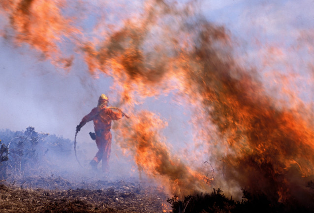 Un bombero durante las labores de extinción de un incendio forestal