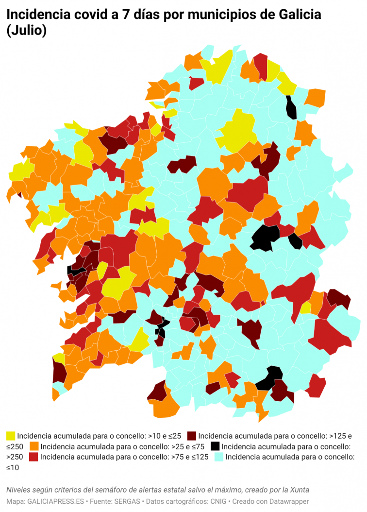 Covid por concellos: Ourense claudica ante el avance de la quinta ola y está a un paso del riesgo máximo
